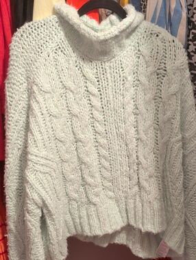 Anthropologie Soft Mint Cable Knit Turtleneck Sweater